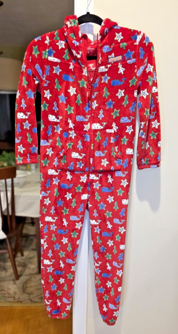 Vineyard Vines Martha’s Vineyard Red Fleece Hooded One-Piece Pajama M Xmas Tree